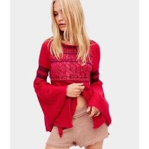 Free People Raspberry Pink Red Textured Knit Bell Sleeve Sweater Women’Size XS